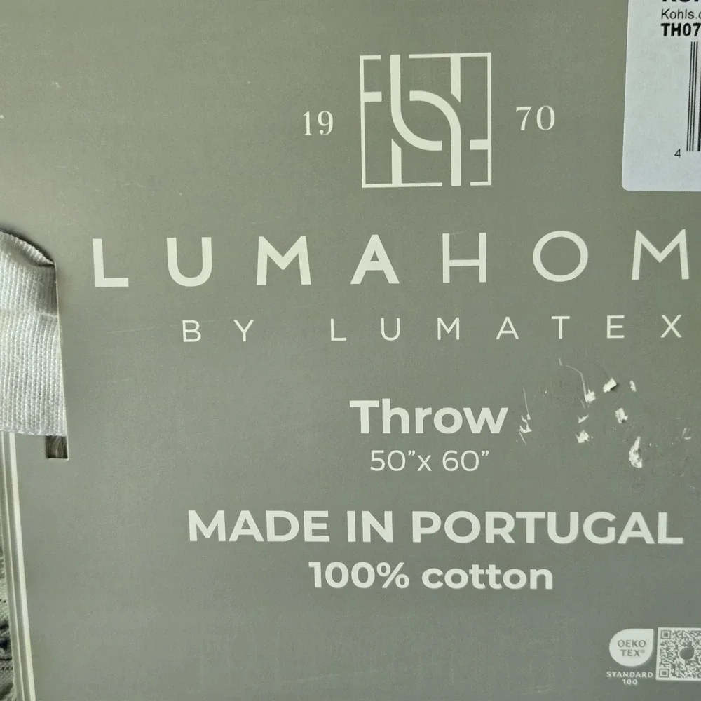 Lumahome by Lumatex Textured Throw Blanket Made In Portugal 100% Cotton 50X60 In